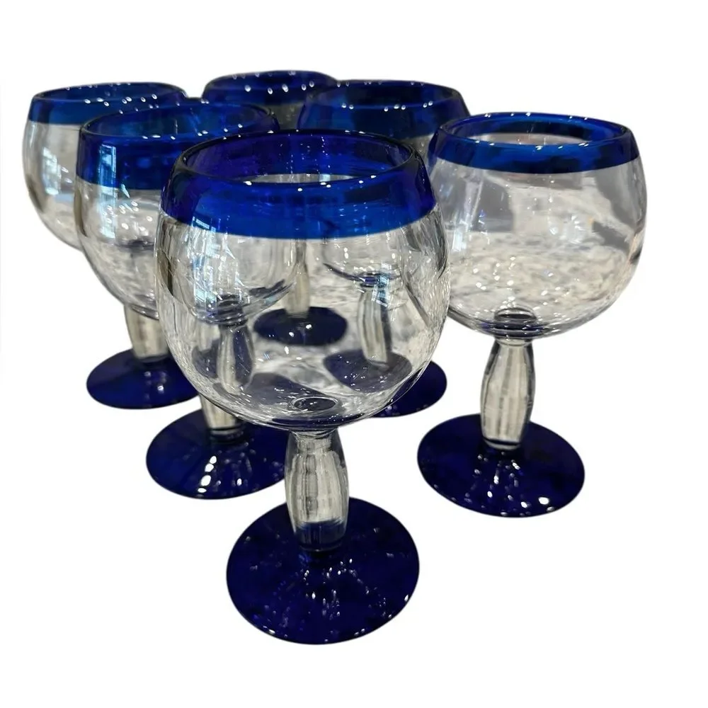 Mexican Handcrafted Cobalt Blue Rim Wine Glass Set of 6